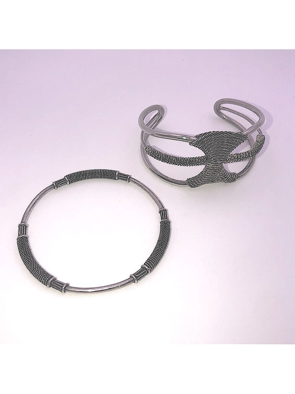 X2 Vtg Tribal Style Silver Tone Bangle & Open Cuff / Bangle: 7.4” / Cuff: 6.6”